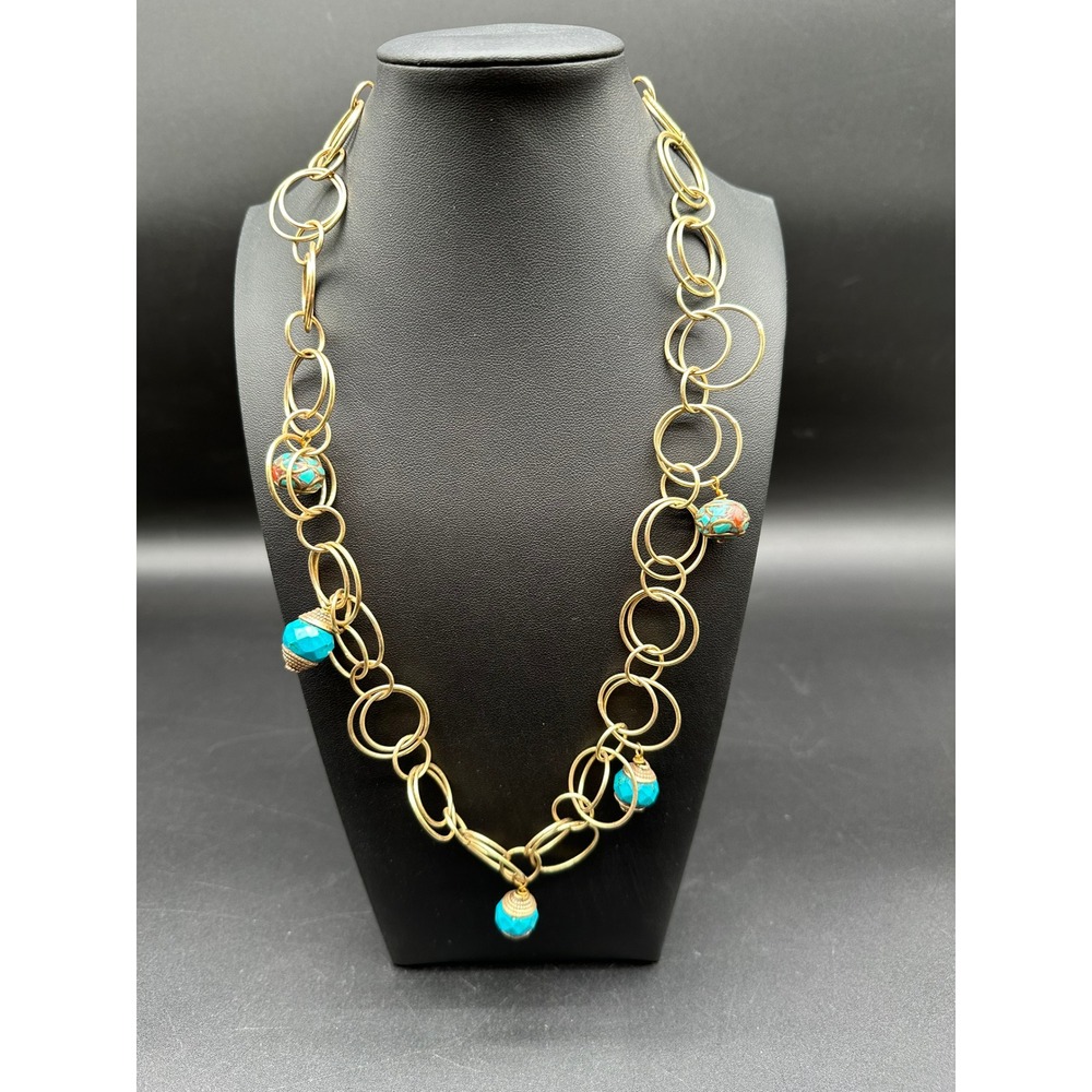 Gold Tone Chunky Link Necklace with Turquoise and‎ Cloisonne Beads Statement